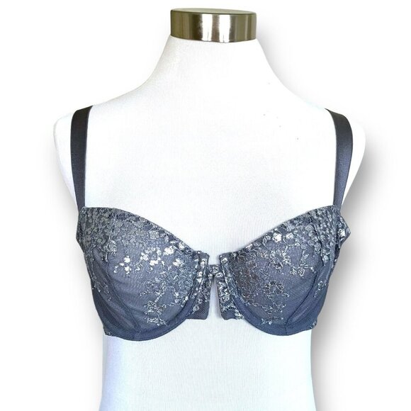 Victorias Secret 34C Bra Gray Metallic Silver Lace Very Sexy Unlined Balconette - Picture 4 of 7